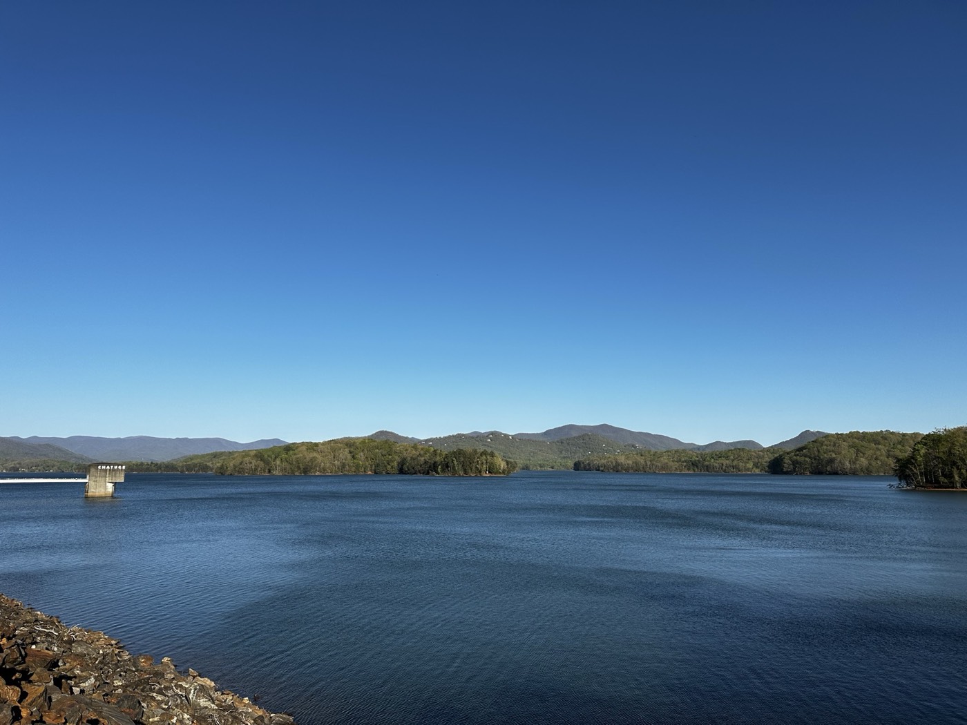Lake Chatuge with Blue Ridge mountains and the iconic CHATUGE dam intake